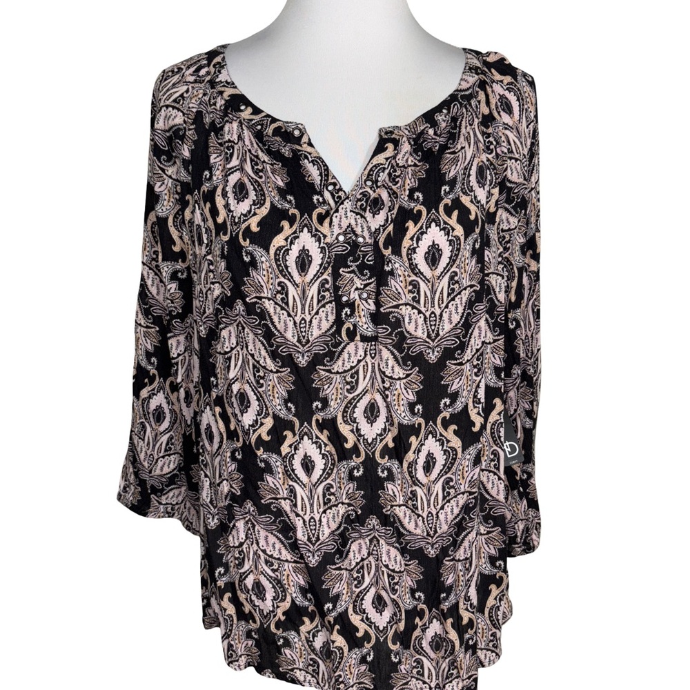 New Directions Black and Cream Patterned Blouse